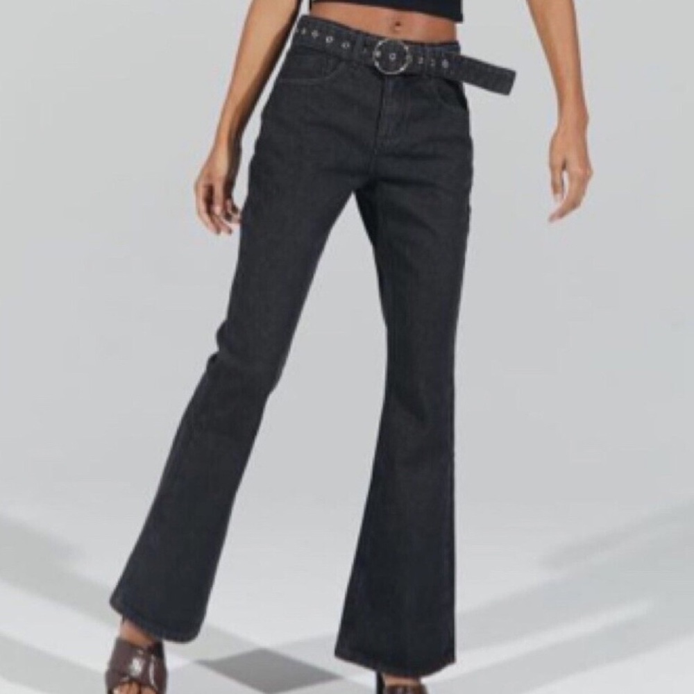 Milk It UO Women 28 Black Denim Grunge Gothic 90s Y2K Biker Belted Flare Jeans